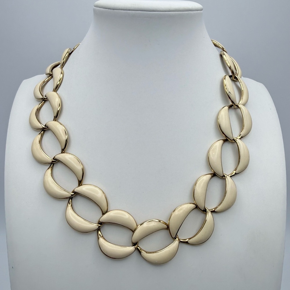 Vintage Napier Cream Enamel & Gold Tone Necklace | 16” | Signed Runway Look